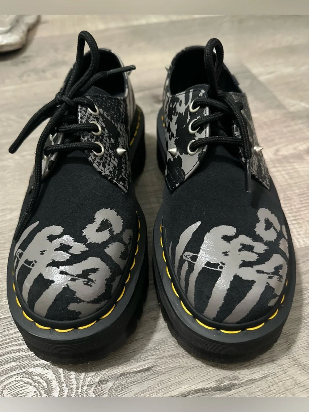 Dr. Martens Black and Gray Graphic Lace-Up Shoes